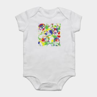 Red, Yellow, Blue and Green Paint Splatter Pattern on White Baby Bodysuit